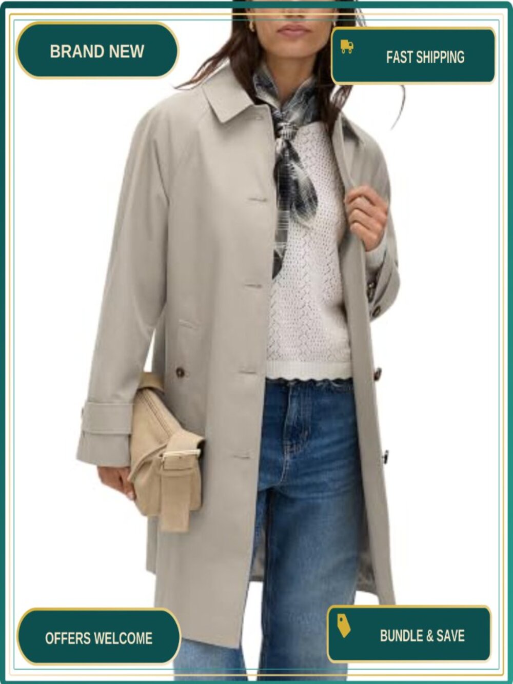Womens Single Breasted Trench Coat Mid Length Lined Overcoat